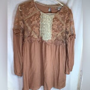 Tassels N Lace Mauve Pink Lacy Babydoll Top Womens Small 3/4 Sleeve Cottagecore